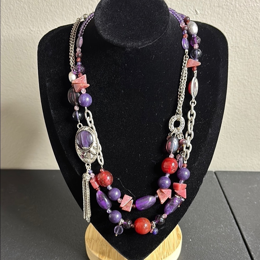 Vintage Coldwater Creek Purple Pink Beaded Chain Layered Stone Necklace